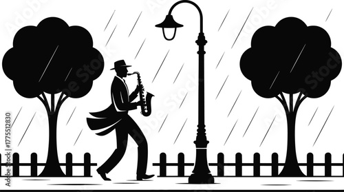 A solitary silhouette of a musician playing the saxophone on a rainy evening street, evoking a melancholic and soulful jazz atmosphere under the glow of a lamppost with trees in the background