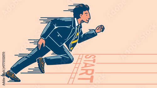 A businessman in a suit starts running. Concept of a reaching goals, personal growth, a way to success. Progress or journey for your team. Inspiration outline hand drawn style