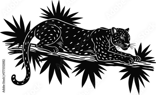 Spotted Black Panther on a Tree Branch Vector Silhouette - Detailed Jungle Cat Illustration