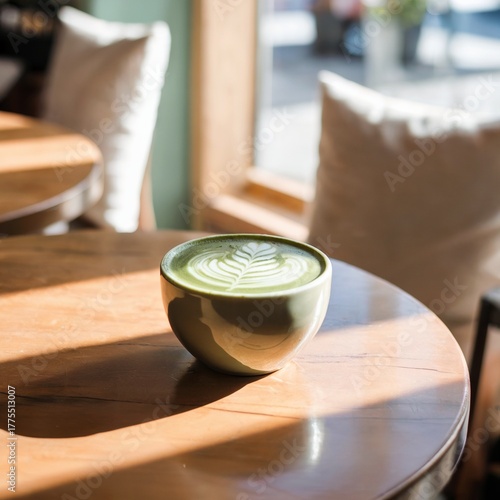 matcha latte in cozy café, warm sunlight matcha latte photography, minimalist matcha latte art cup on wooden table