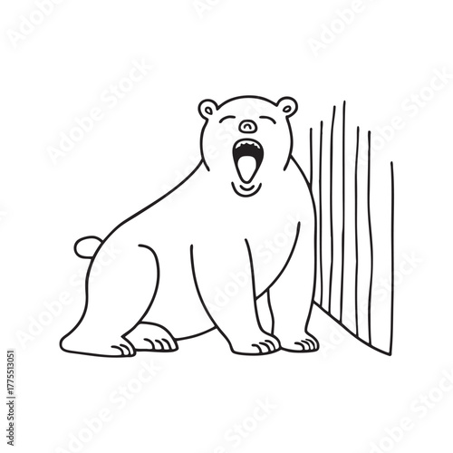 A bear yawns quietly near a wall in the zoo