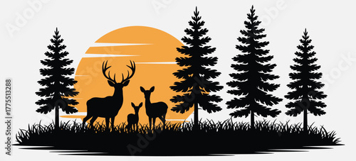 Silhouette of a wild deer family, stag, doe, and fawns, in a pine forest at sunset, representing tranquil nature and serene wilderness
