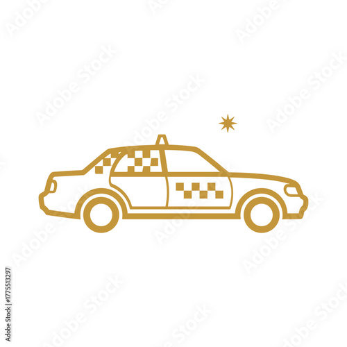 A simple line art illustration of a classic taxi cab with checkered patterns on the doors and a small star above it.