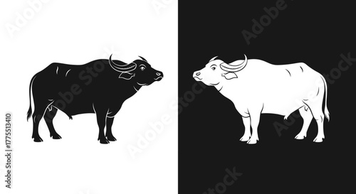 Black and White Buffalo Silhouettes Vector Illustration