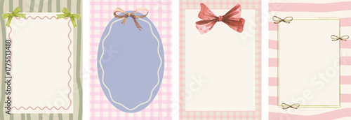 vintage hand drawn frames with bows frame for greeting cards, wedding and birthday party, picnic invitations in cute elegant coquette style. water colour rribbons border illustration