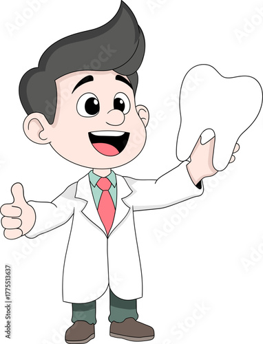 Friendly Dentist Holding Healthy Tooth Model Dental Care Vector Illustration