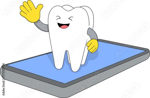 Happy Tooth Character Waving from Smartphone Online Dental Care Vector Illustration