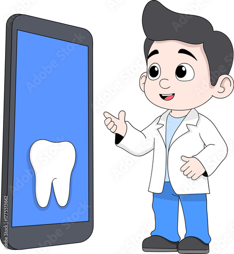 Dentist Character Explaining Tooth on Smartphone Online Dental Care Vector Illustration