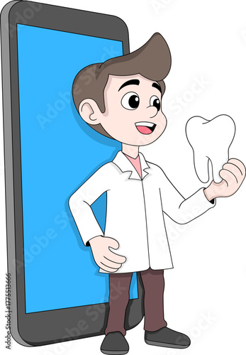 Dentist Holding Healthy Tooth Model Online Dental Care Vector Illustration