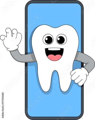 Tooth Character Waving Inside Smartphone Online Dental Care Illustration