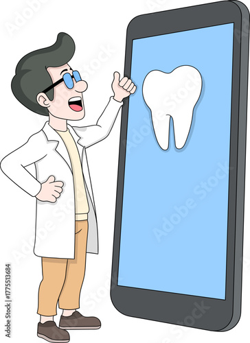Dentist Character Explaining Dental Care Online Tooth and Smartphone Vector Illustration
