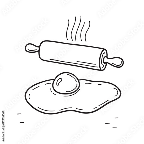 A yolk situated near a rolling pin covered in flour