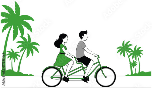Green Tandem Bicycle with Couple and Palm Trees Illustration