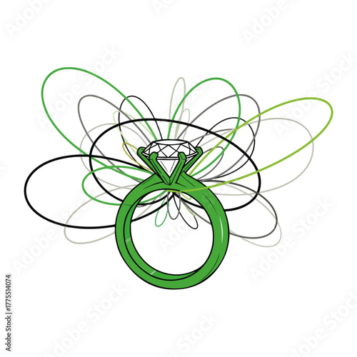 Green Diamond Ring with Abstract Swirls Design