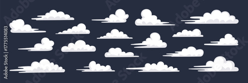 Cartoon Smoke and Cloud Shapes,  Flat vector set of diverse vapor and cloud forms on dark background suitable for weather, fantasy, and illustration designs.