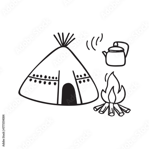 A yurt next to a kettle steaming above the flames