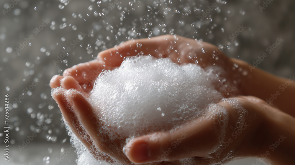 Fototapeta premium A close-up of hands holding white bubble foam, with a gray background, a clean and white bathroom environment. Ai generated