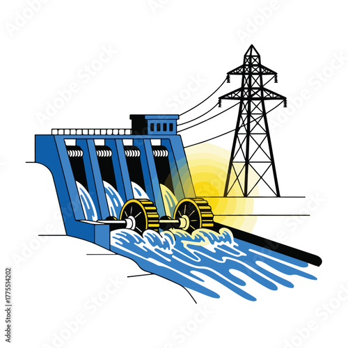 Hydroelectric Dam Power Plant Generation Illustration Design