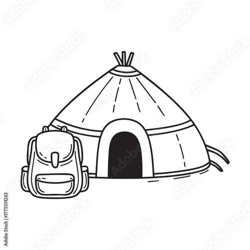A yurt positioned close to a backpack on the dirt