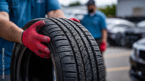 A mechanic holding up an old, worn-out tire to show the new one that was just installed by another man in red gloves and a blue shirt. Ai generated