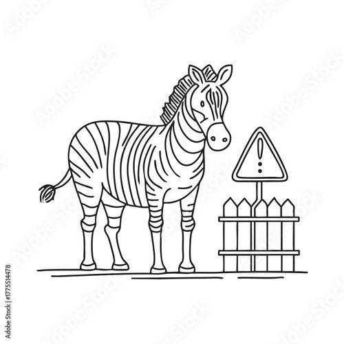 A zebra standing close to a fence with warning signs