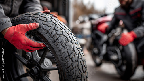 A mechanic holds up an old, worn-out tire in his hands while showing it to the customer. Ai generated
