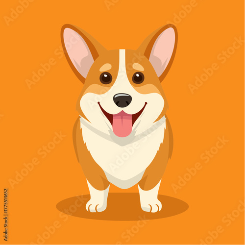 A cheerful corgi stands on a plain orange background, tongue out and ears perked in excitement.