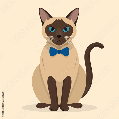 A Siamese cat sits on a cream background with a bow tie and a smug expression.