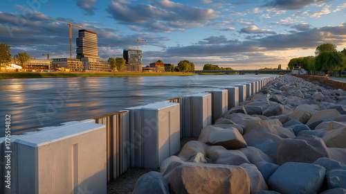 A construction team reinforcing riverbanks with concrete barriers, representing preventive infrastructure, water management, and the long-term strategy of flood protection engineering. cinematic