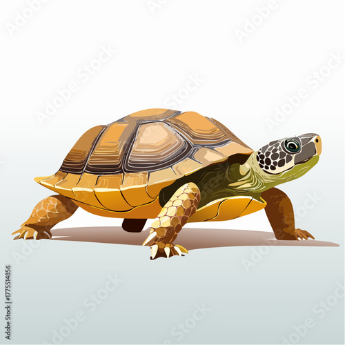 A solitary, slow-moving tortoise is captured mid-step, its ancient shell texture contrasting the smooth floor.