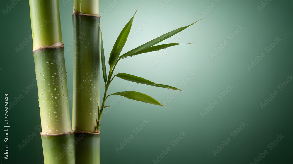 Obraz premium Fresh Green Bamboo Stalks with Water Droplets and Leaves Against a Gradient Background, Symbolizing Zen, Nature, and Wellness