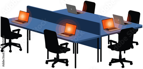 Modern Office Cubicle Illustration with Laptops, Chairs, and Light Effects