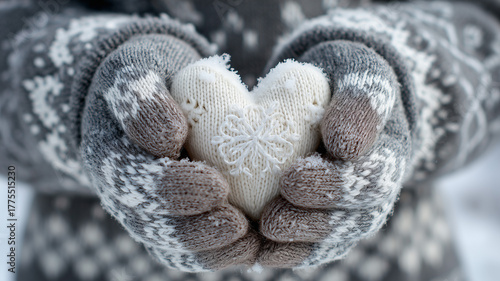 Female hands in grey knitted gloves holding a snow-shaped heart, against a winter background. Ai generated