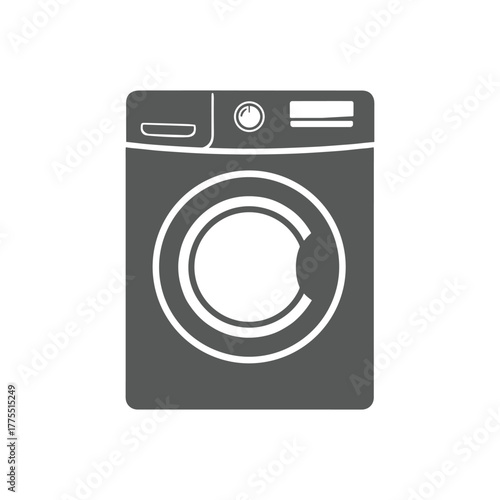 A simple, modern, front-loading washing machine icon in a dark gray silhouette.