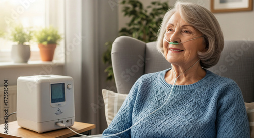 senior woman using oxygen concentrator, enjoying her time at home