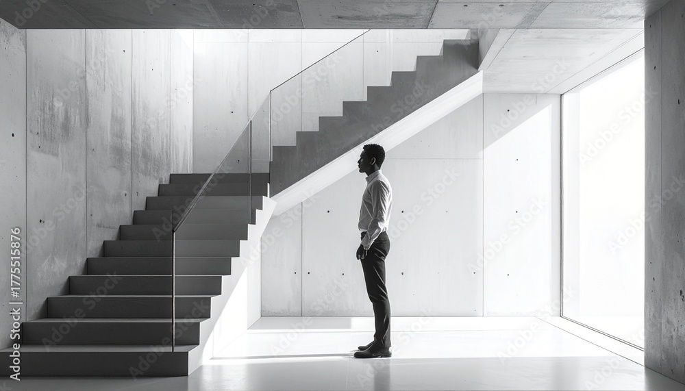 Fototapeta premium Editor Standing Near Cantilevered Staircase in Monochrome Apartment