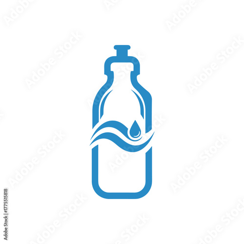 Blue outline of a water bottle with a stylized wave and a water drop inside, symbolizing hydration and refreshment.