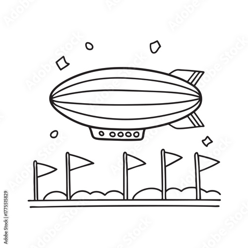 A zeppelin near a field marked for landing