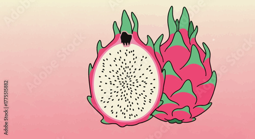 Stylized Dragon Fruit Illustration on a Soft Pink Background, Vibrant Exotic Food