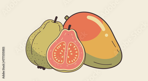 Stylized illustration of mango guava and pear on plain background