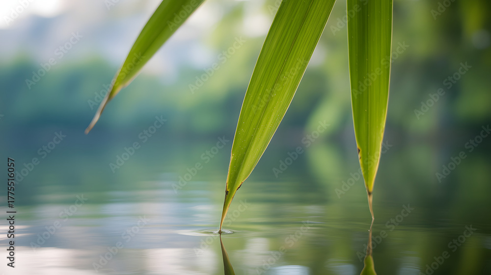 Obraz premium Zen Bamboo Leaves Dipping into Calm Water, Creating Ripples and Reflections in a Serene Natural Setting