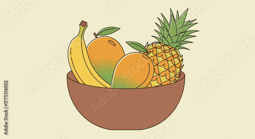 Tropical fruit bowl with banana, mango, and pineapple isolated on background