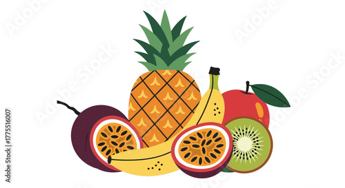 Vibrant and fresh assorted tropical fruit composition on white backdrop