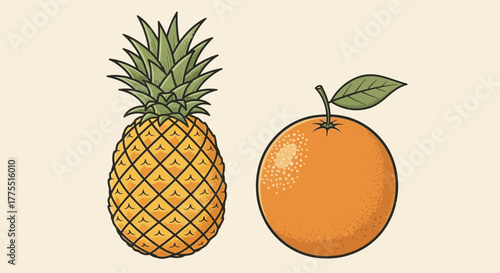 Tropical fresh fruit composition featuring pineapple and orange illustration