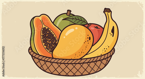 Vibrant assortment of tropical fruits in a woven basket illustration