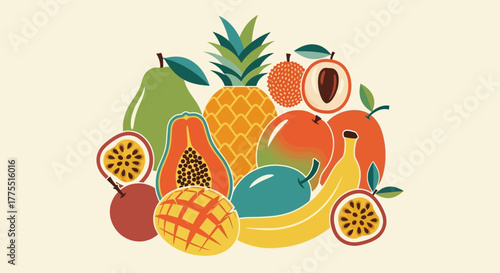 Vibrant Assortment of Tropical Fruits Illustration for Healthy Lifestyle
