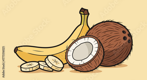 Vibrant cartoon illustration showcasing a banana and coconut composition