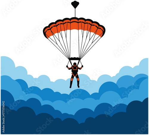 Skydiving Parachutist with Orange Parachute and Blue Clouds Illustration