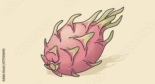Vibrant dragon fruit illustration with retro halftone texture effect