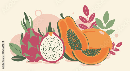 Vibrant tropical fruit arrangement featuring dragon fruit and papaya slices